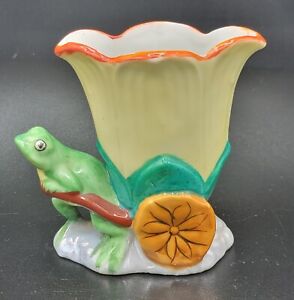 Vtg Mid Century Japanese Porcelain Miniature Frog Wheelbarrow Tulip Vase Planter
