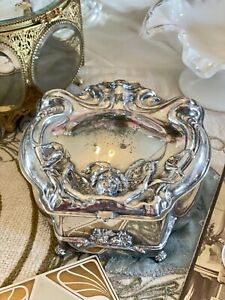 Antique Jewelry Box Art Nouveau Jugendstil Silver Plated Cupid Bow Arrow
