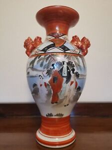 Antique Japanese Kutani Vase With Foo Dog Handles 12 