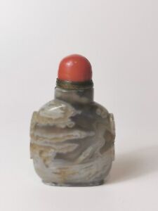 Antique Chinese Qing Dynasty Carved Agate Snuff Bottle With Lid