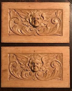 Antique Hand Carved Pair Of Angel Cherub Putti Wood Panels 18th 19th Century