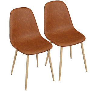 Set Of 2 Washable Pu Cushion Dining Chairs W Metal Legs Kitchen Side Chair Brown