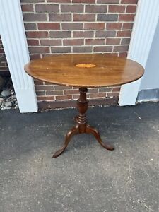 Antique Inlay Oval Wood Tilt Top Tea Table Accent Parlor Table 3 Leg See Detail