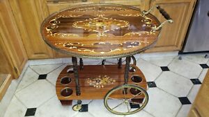 Vntg Inlaid Wood Marquetry Liquor Bar Tea Cart Brass Wheels Trim Drop Leaf Italy