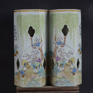 11 Chinese Porcelain Hand Painting Hollow Out Figure Stories Six Sides Pot Pair