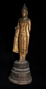 Antique 19c Standing Wood Buddha Figure From Thailand