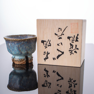 Japanese Sake Cup Hagi Ware Guinomi By Famous Seigan Yamane Light Blue