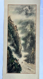Vintage Asian Hanging Scroll Painting Hillside River Landscape Yongyu Daqian Era