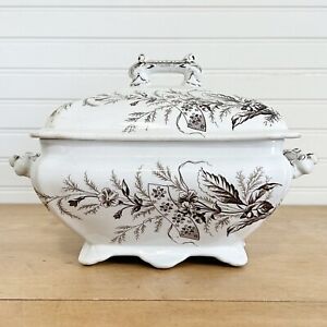Antique T Furnival Son Brown Transferware Spray Square Covered Footed Tureen