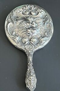 Antique Art Nouveau Unger Bros Sterling Silver Repousse Cherub Etc Mirror Vanity