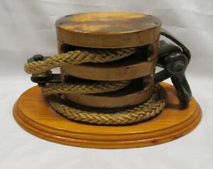 Antique Nautical Maritime Wooden Cast Iron Ships Winch Pulley Mounted Decor