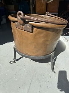 Antique Early American Copper Cauldron With Rare Wrought Iron Canted Stand