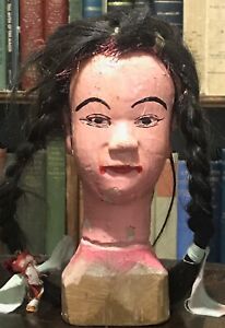 Circa 1900 Antique Asian Chinese Hand Carved Wood Puppet Head Woman Real Hair