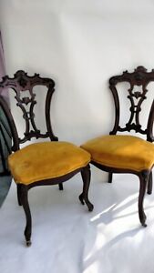 Pair 2 Antique Cherry Victorian Carved Velvet Dining Chairs In Romantic Style