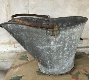 Vintage Galvanized Coal Scuttle Ash Bucket With Bail Handle Fireplace Wood Stove