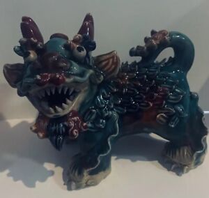 Chinese Foo Dog Fu Lion Ceramic Asian Pottery Sculpture Red31