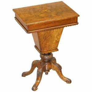 Rare Restored Burr Walnut Tunbridge Inlaid Sewing Work Box Table Carved Feet