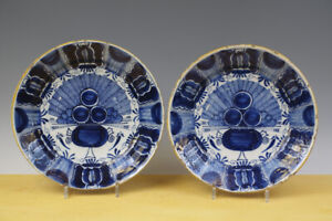 Antique Near Pair Of Large Dutch Delft Chargers Peacock 18th C Marked 12 Inch