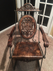 Antique Rocking Chair Wood Iron Hand Carved Art Unique Excellent Condition