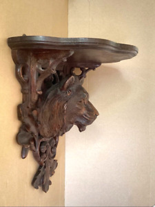Antique Carved Lion Head Oak Wood Wall Console Black Forest Glass Eye Circa 18th