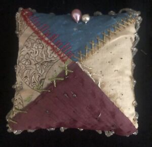 Antique Pin Cushion W Beaded Loop Edges Silk Patchwork 2 Bonus Hatpins 