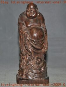 China Buddhism Temple Old Wood Carved Fengshui Wealth Maitreya Buddha Statue