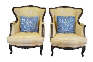 2 French Louis Xvi Walnut Bergere Fauteuil Library Lounge Wingback Armchairs