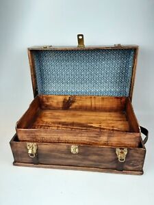 Vintage Wood Doll Trunk Miniature Storage Chest Blue White Lining
