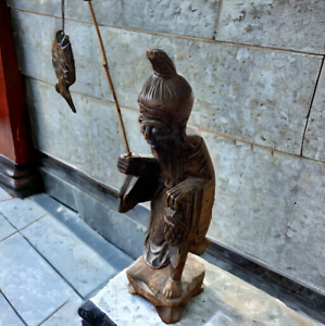 Okimono Carved Wooden Japanese Immortal Ebisu Figure 18 Fisherman Vintage 