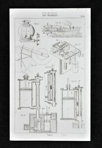 1859 Antique Print Mechanical Steamboat Engine Pistons Gas Vapor Diagrams