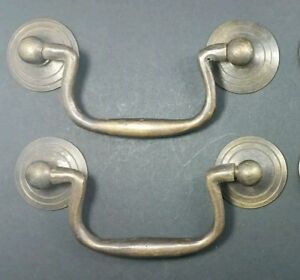 2 Antique Brass Swan Neck Bails Cabinet Drawer Pull Handles Approx 3 Cntr H39