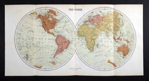 1869 Chambers World Map Hemispheres North America Asia Europe Africa Australia