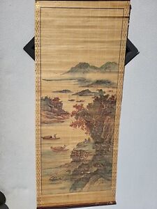 Vtg Japanese Wooden Wall Art Painting Hanging Scroll Fisherman Sea River Boats