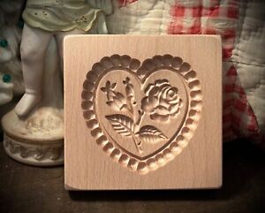 Springerle Cookie Mold Carved Wood Rose Flower In Heart Love Valentine S Day