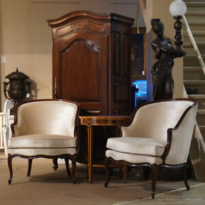Pair Of French Bergere Mahogany Carved Arm Lounge Chairs White Velvet