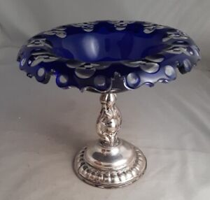 Antique Compote Silver Blue Cut Glass To Clear Center Bowl Dish Cambridge 