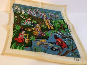 Vtg India Thailand Village Scene Completed Needlepoint Colorful Tapestry Canvas