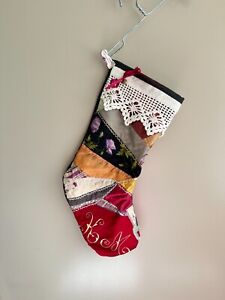 Antique Vintage Crazy Quilt Christmas Stocking Crochet Edge Embroidered Initials