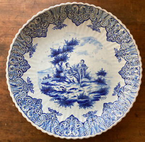 14 Antique 18th C Tin Glaze Delft Hand Painted Plate Charger Courting Couple