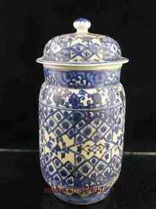 Old Blue And White Porcelain Hand Painted Eight Treasure Map Lid Jar Pots Xuande