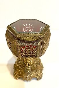 Ormolu Glass Brass Jewelry Casket Box With Cherubs On Pedestal Hexagon Shape