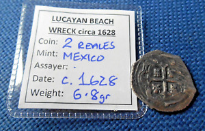Shipwreck Treasure Silver Coin Lucayan Beach Wreck 2 Reales Cob C1628 Coa