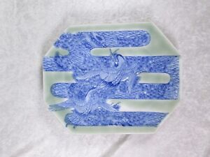 Antique Japanese Nabeshima Ware Dish Blue Green Storks Water Octagonal 11 1 2in
