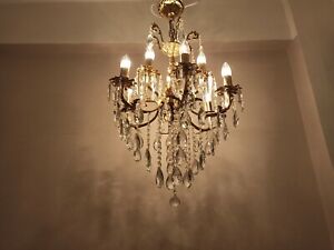 Antique Vintage Chandelier Heavy Brass Crystal Huge Chandelier French 9 Arms