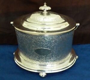 Ornate Vintage Silverplated Oval Cookie Tea Biscuit Box With Lid Handle