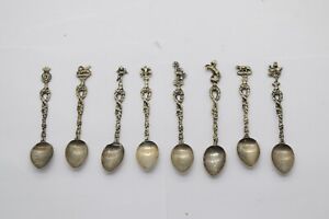 8 Antique Teaspoons Of Italy Venice Lion Of San Marco Lily Of Florence More