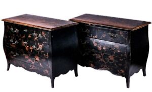 Pair Vintage Black Paint Decorated Bombe 3 Draw Commodes Beveled Tops