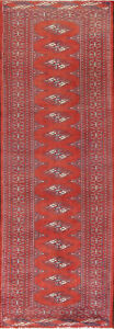 Vintage Tribal Geometric Red Bokhara Rug 3x10 Wool Hand Knotted Hallway Carpet