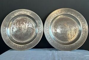 Antique Pair 19th Century Indo Persian Etched Tin Washed Copper Plates C 1850