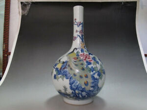China Famille Rose Porcelain Big Vase Painted Two Peacocks Verse Have Mark W0048
